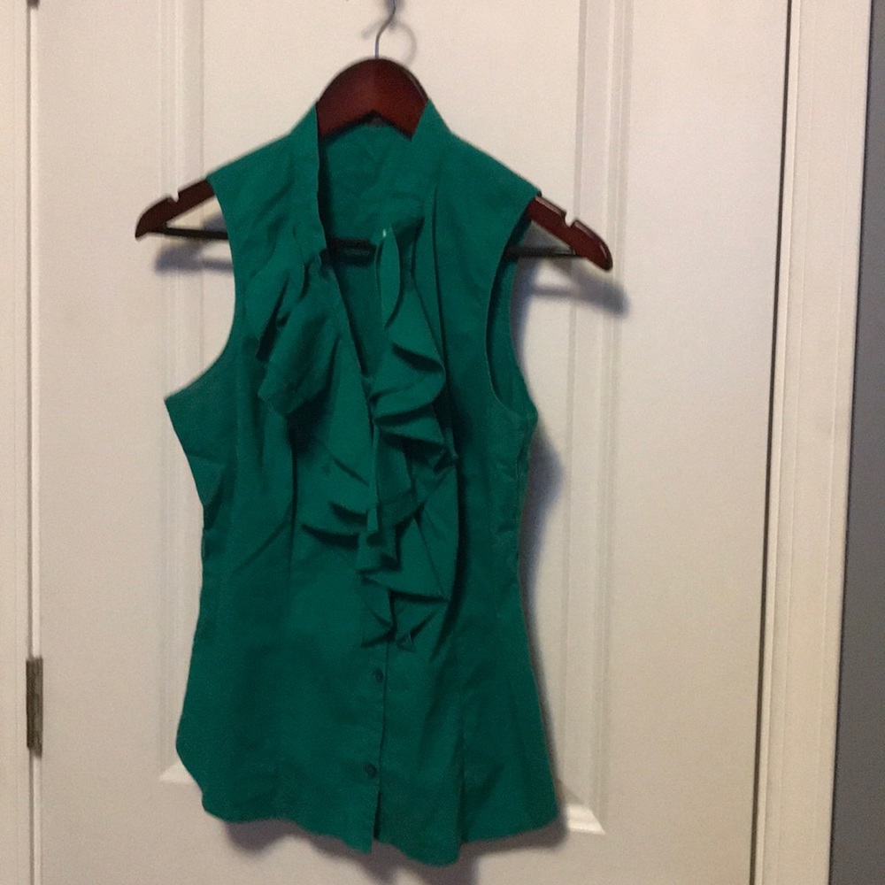 Green ruffle button up sleeveless blouse